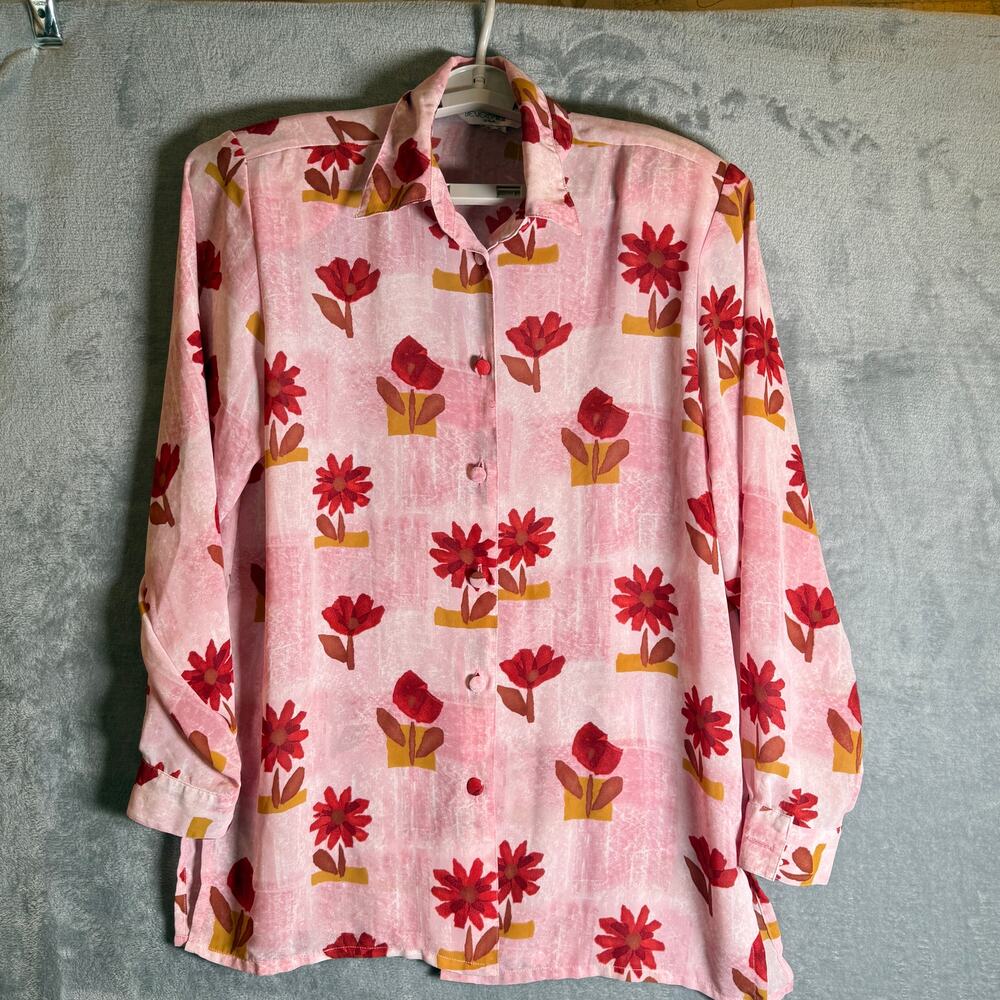 Vintage Beverly Rose Pink Floral Button Front Blouse Womens XL Cottagecore